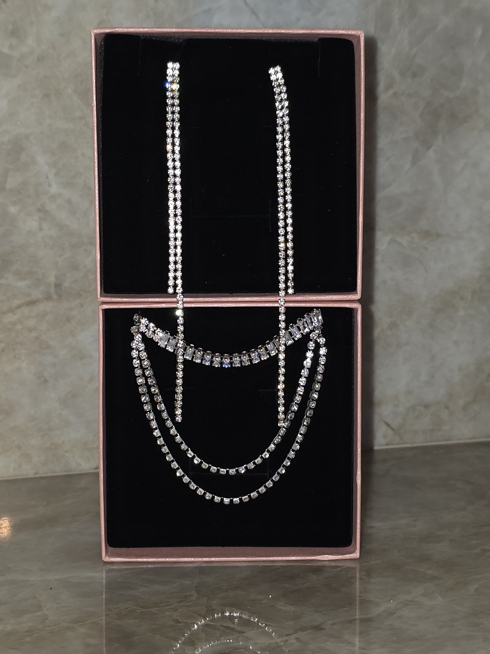Glam Silver Rhinestone Layered Necklane Drop Earrings
